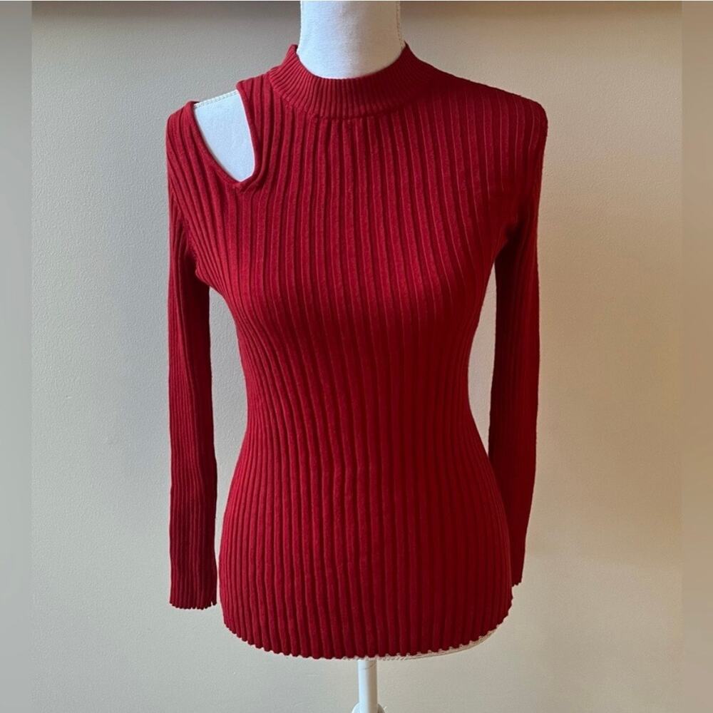 NWT Skinny Girl Jeans Cut Out Shoulder Ribbed Turtleneck Red Sweater Small